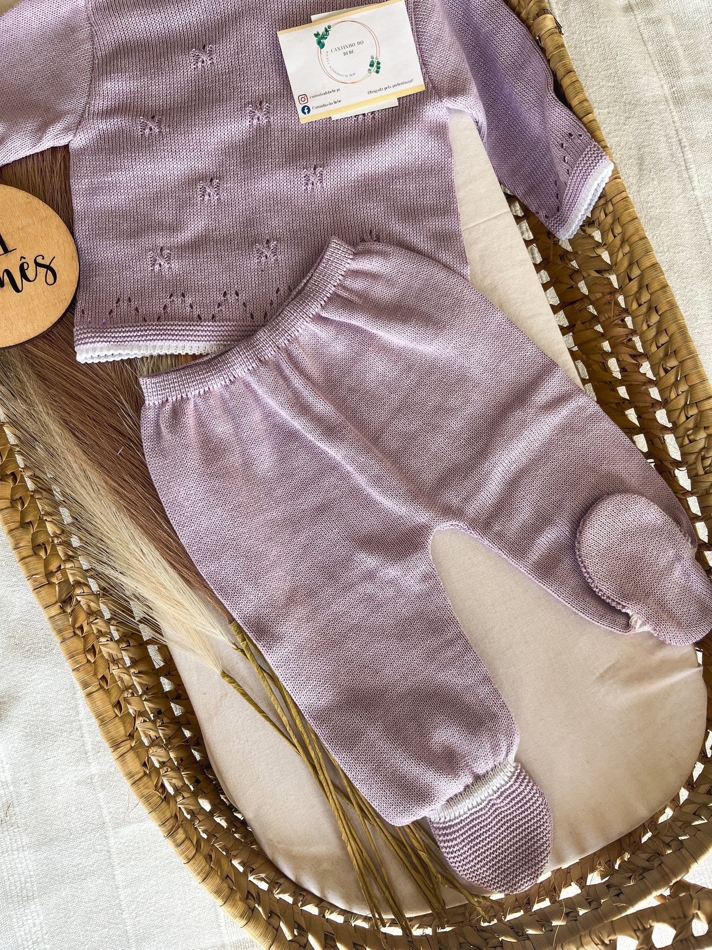 Conjunto de malha bebé 3 peças lavanda