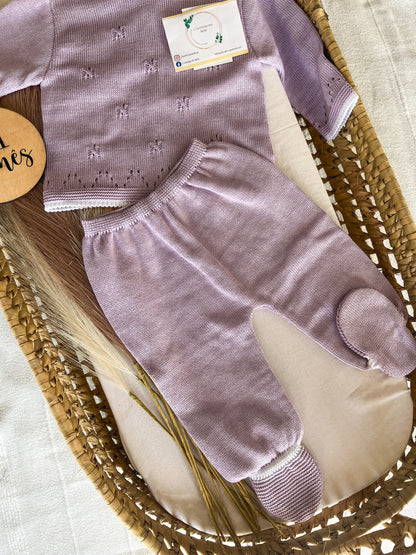Conjunto de malha bebé 3 peças lavanda