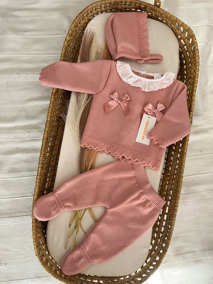 Conjunto de malha 3 peças bebé rosa velho