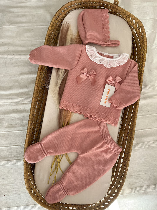 Conjunto de malha 3 peças bebé rosa velho