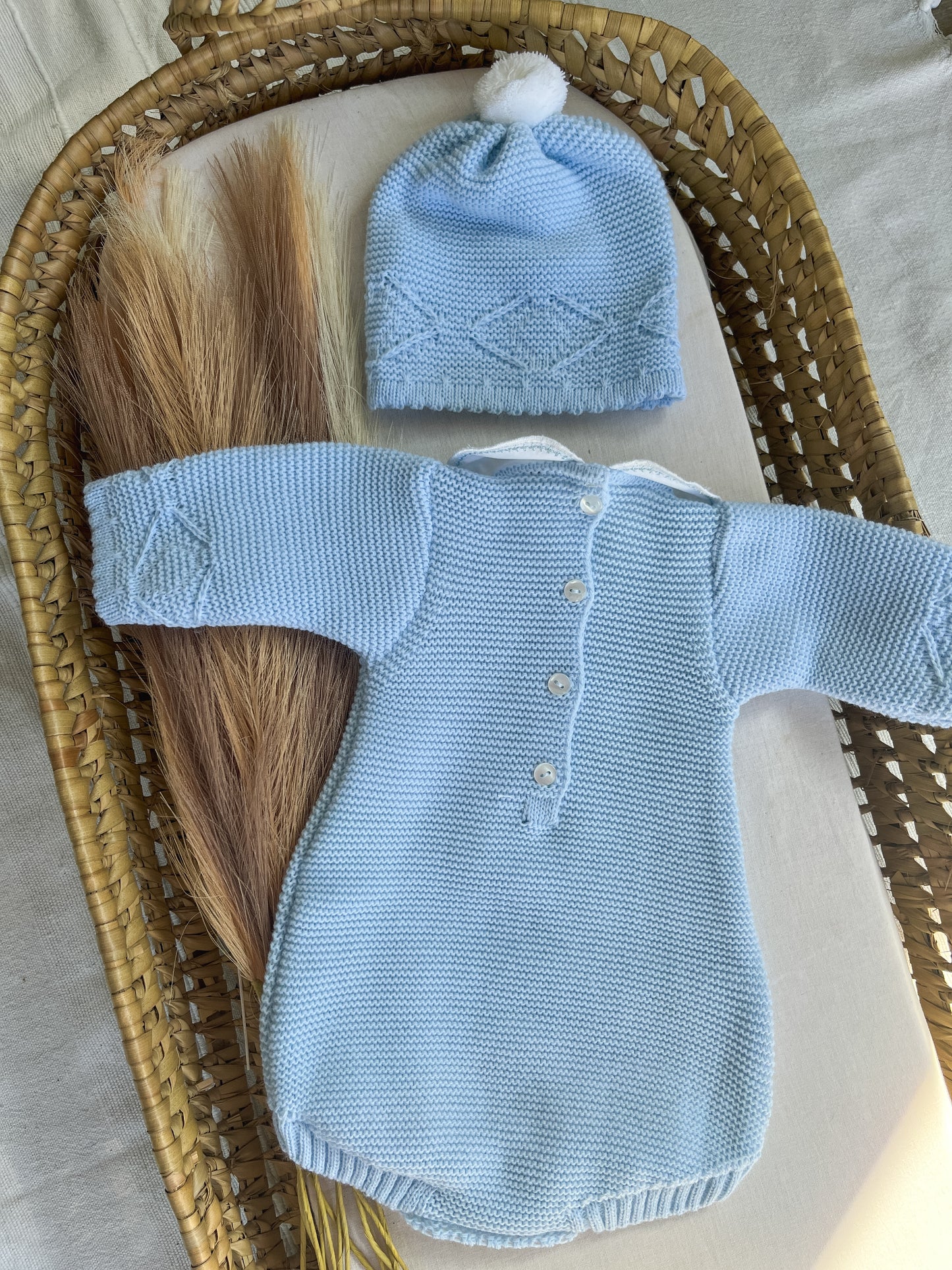 Conjunto de malha 2 peças fofo e gorro azul