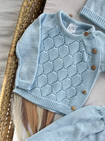 Conjunto de malha bebé 3 peças azul