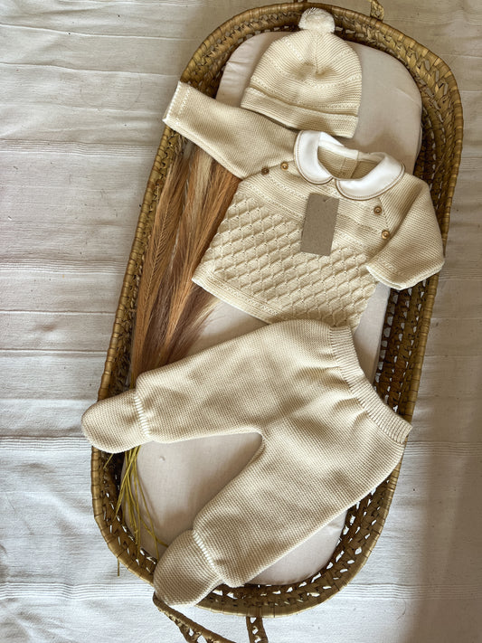 Conjunto de malha 3 peças bebé bege