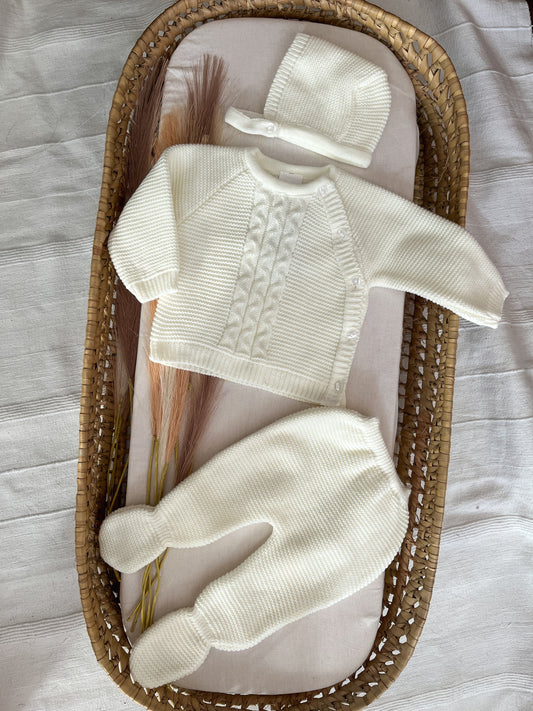 Conjunto de malha 3 peças bebé branco pérola