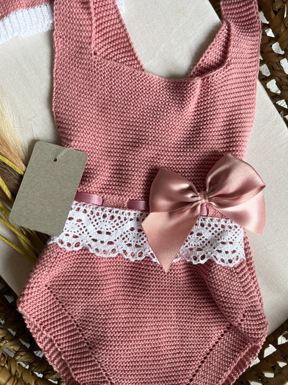 Conjunto de malha bebé 3 peças rosa
