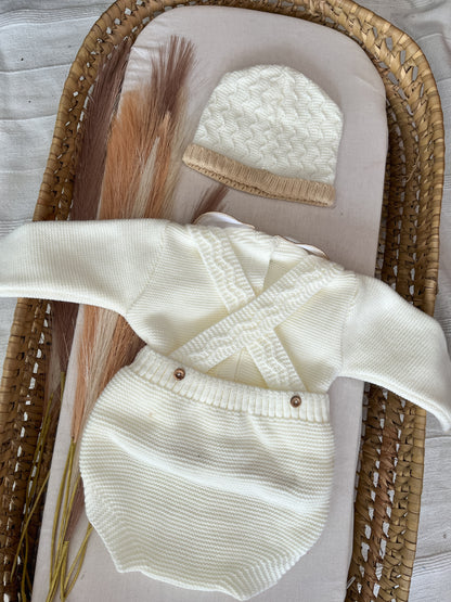 Conjunto de malha 3 peças bebé branco pérola