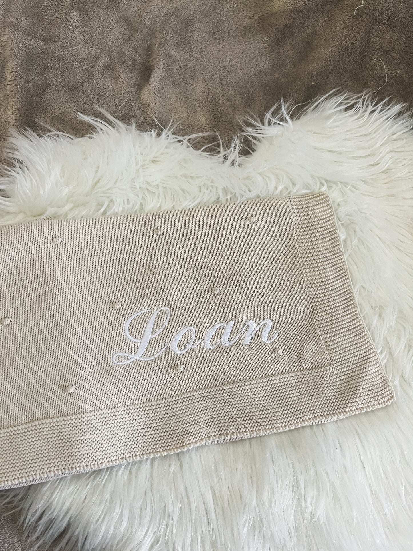 Manta de malha bege para bebé personalizável com nome