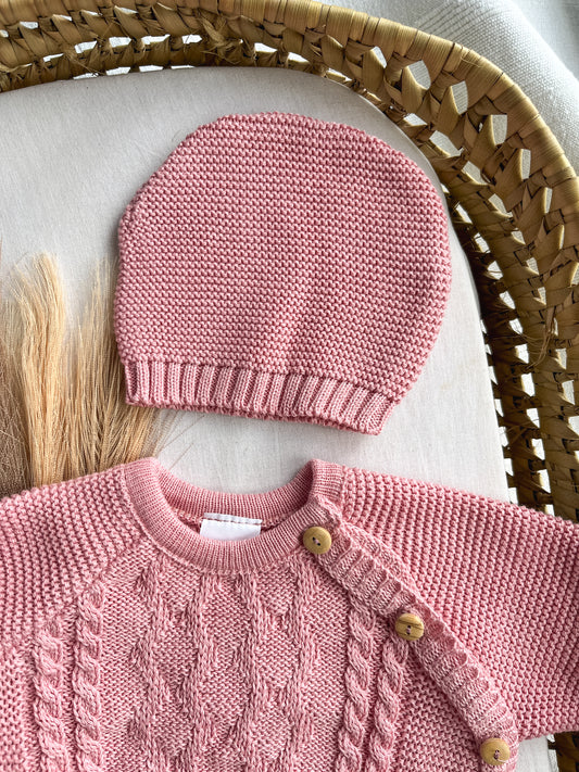 Conjunto de malha bebé 3 peças rosa velho
