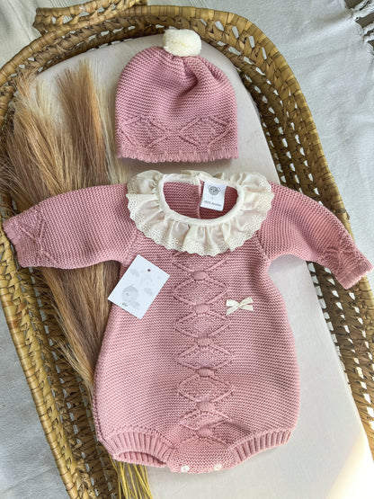 Conjunto de malha 2 peças fofo e gorro rosa velho