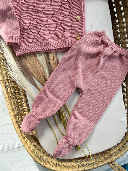Conjunto de malha bebé 3 peças rosa