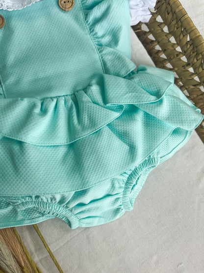 Conjunto de fofo/jardineira com blusa bebé turquesa