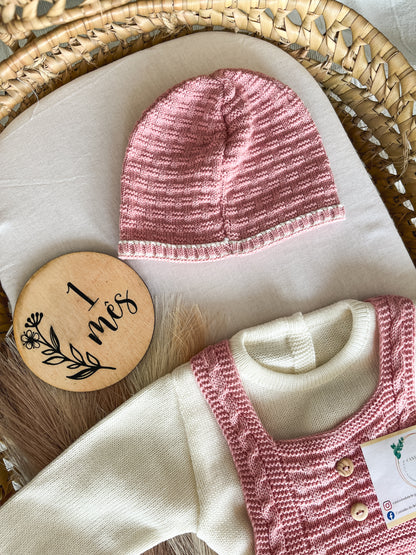 Conjunto de malha bebé 3 peças rosa velho