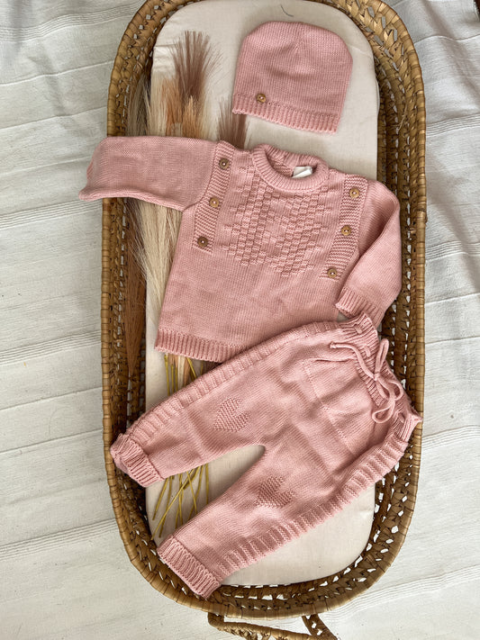 Conjunto de malha 3 peças bebé rosa