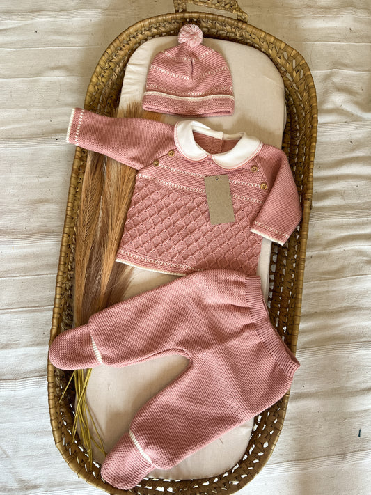 Conjunto de malha 3 peças bebé rosa