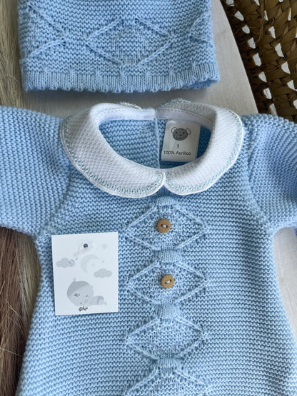 Conjunto de malha 2 peças fofo e gorro azul