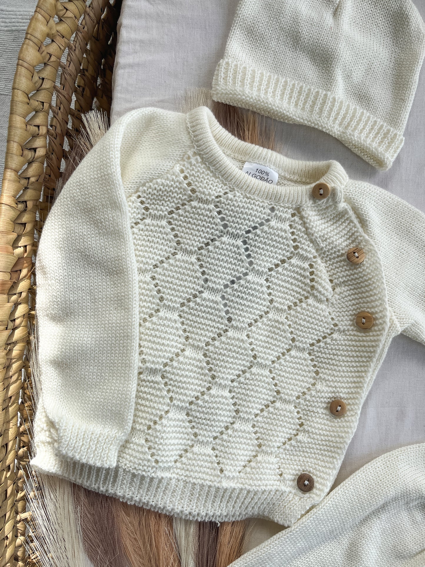 Conjunto de malha bebé 3 peças branco