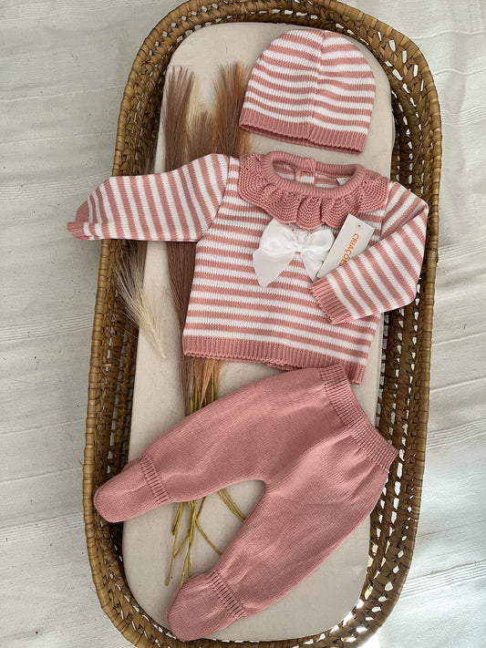 Conjunto de malha 3 peças bebé rosa velho