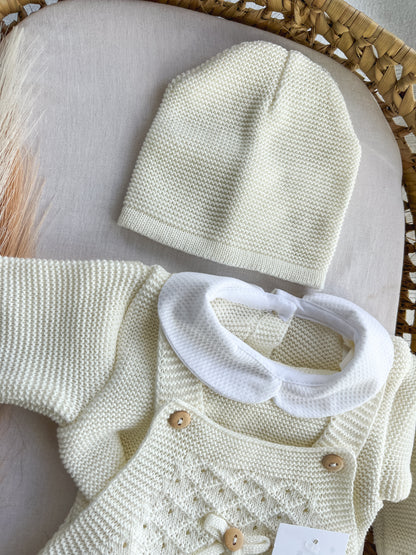 Conjunto de malha bebé 3 peças branco pérola
