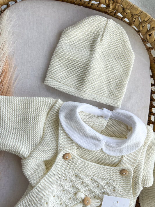 Conjunto de malha bebé 3 peças branco pérola