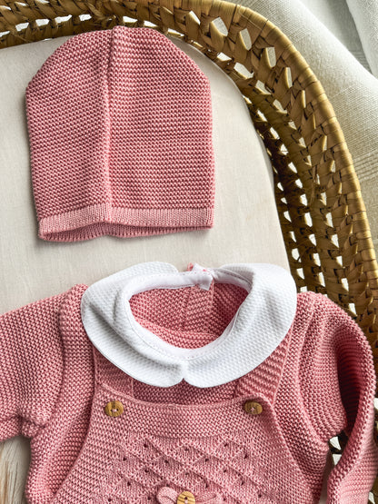Conjunto de malha bebé 3 peças rosa velho