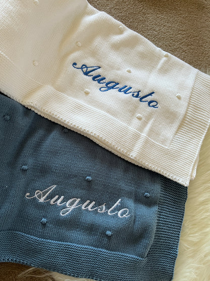 Manta de malha branco pérola para bebé personalizável com nome